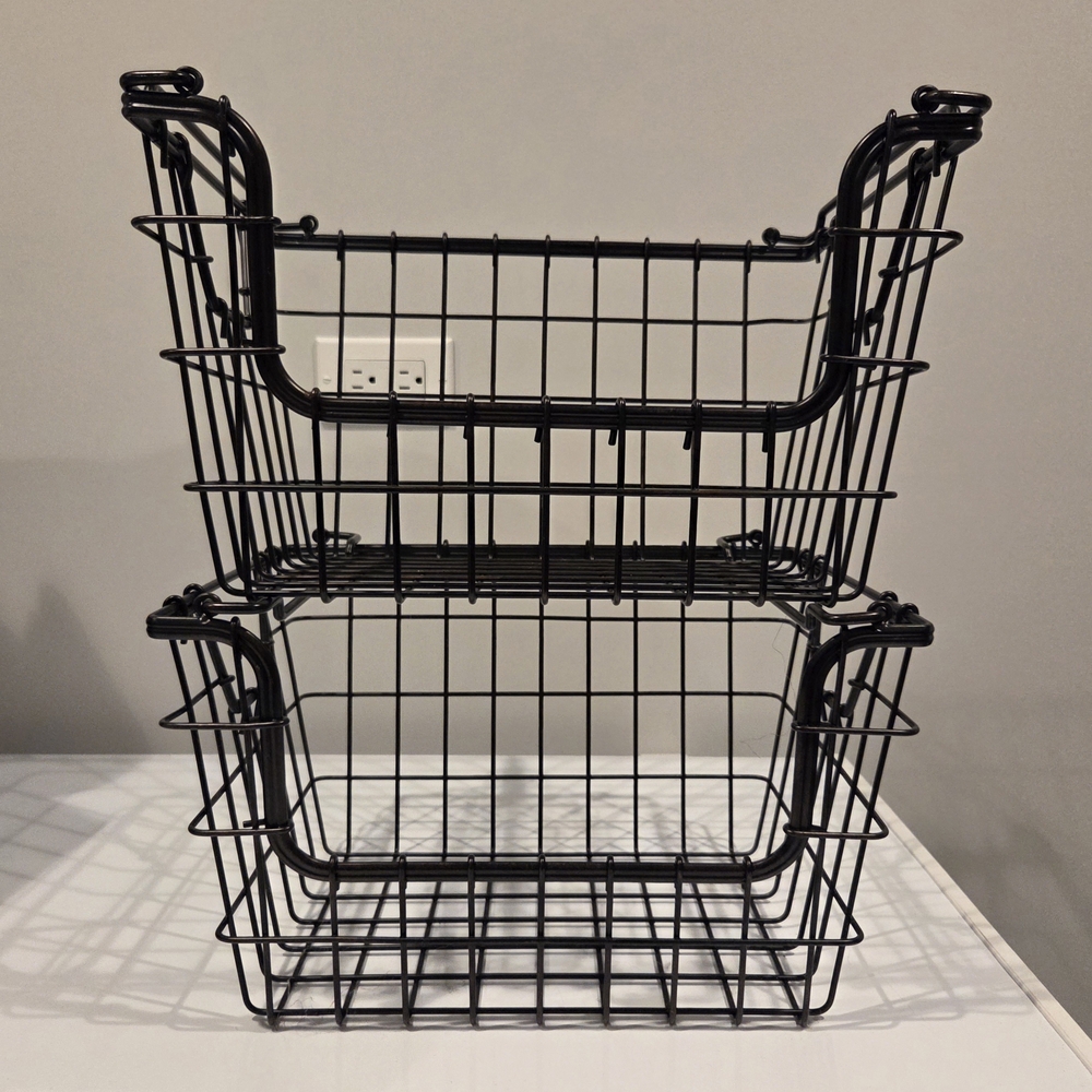 Stackable Black Metal Wire Storage Baskets - Set of 2